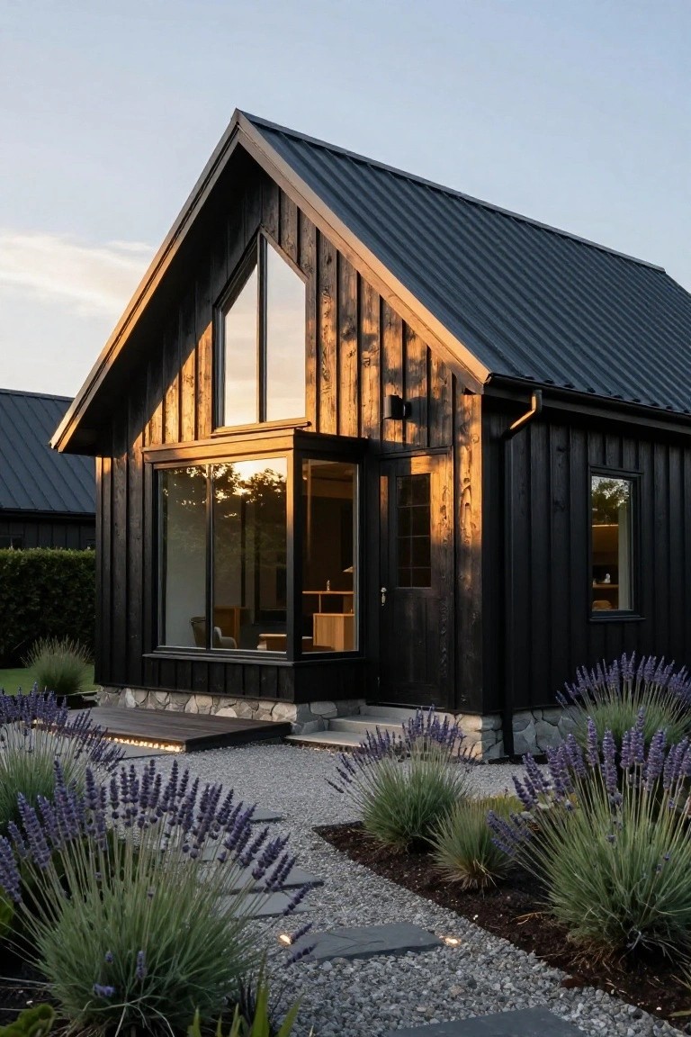 Black wooden house exterior with steep gabled roof covered in dark metal, large triangular window, entry door, gravel path, and lavender plants in front.