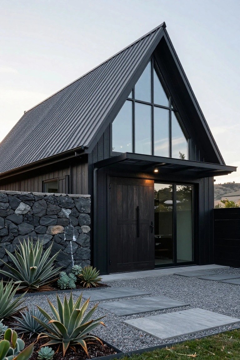 Black triangular metal-roofed house exterior with large gable window, dark wood cladding, stone wall, covered entry with double doors and glass panel, gravel path, and agave plants.