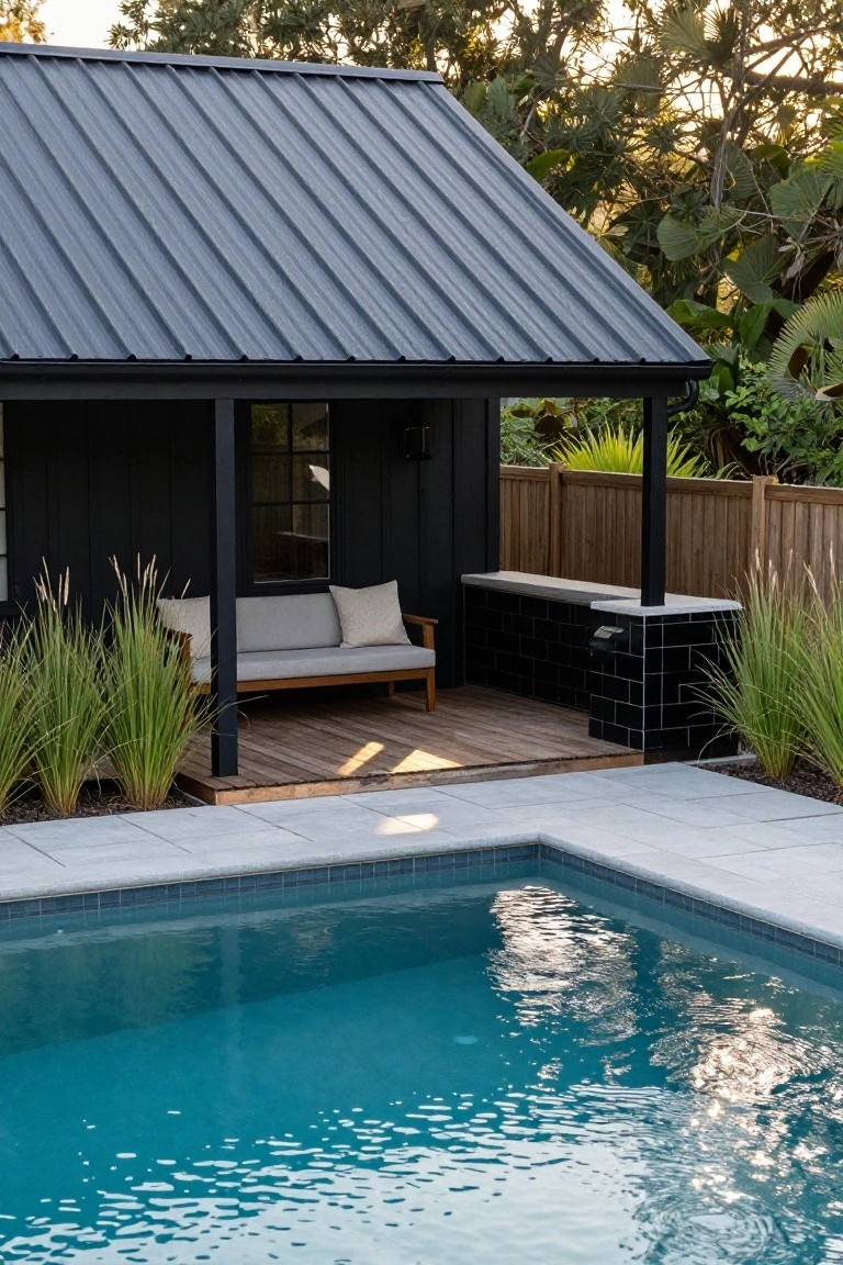 Black wooden cabana with dark corrugated metal roof and open side containing a bench with gray cushions, positioned next to a rectangular blue swimming pool on gray pavers with tall grasses nearby.