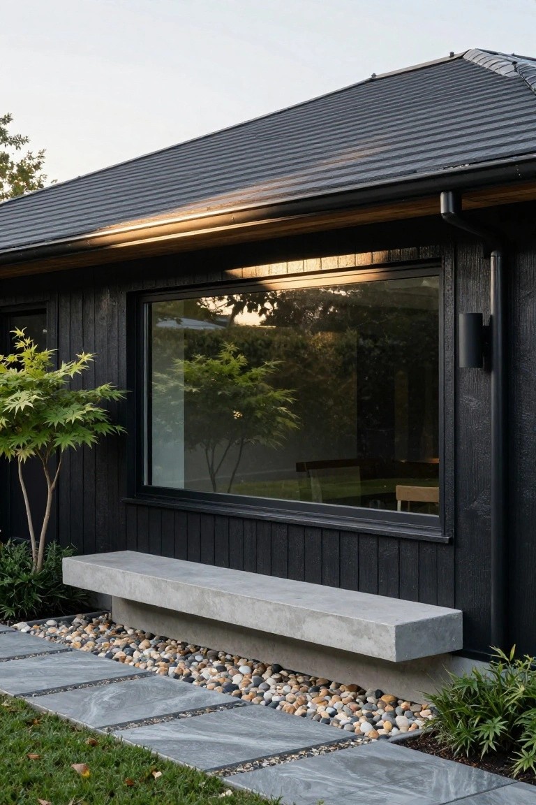 Side exterior of a modern house with black vertical wood cladding, dark standing-seam metal roof, large black-framed window, cantilevered gray concrete bench, slate paver path with pebbles, Japanese maple tree, and ground plants.
