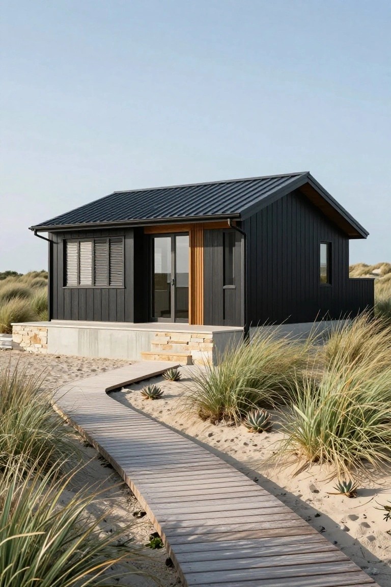 Small black vertical board-and-batten cabin with dark standing-seam metal roof, glass entry doors, elevated on concrete plinth with stone steps, wooden boardwalk path through sand dunes and beach grass.