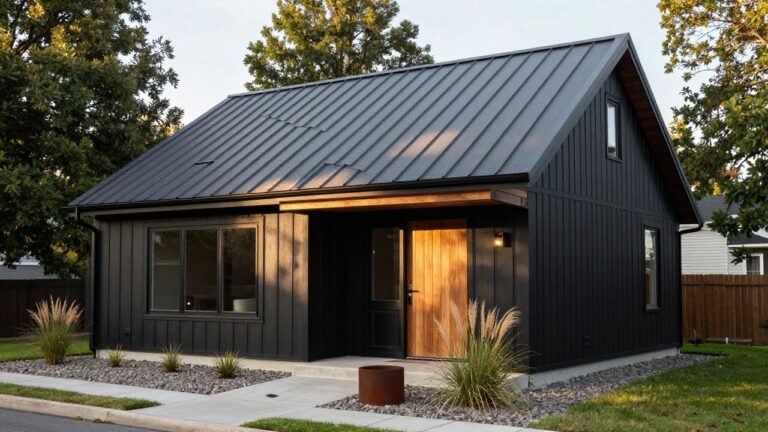 Black board-and-batten sided house with dark gray standing seam metal roof, wooden front door under lit wooden overhang canopy, black-framed windows, mailbox, concrete entry steps, gravel mulch bed with grasses in rusted metal planters, and stone pavers leading to the door.