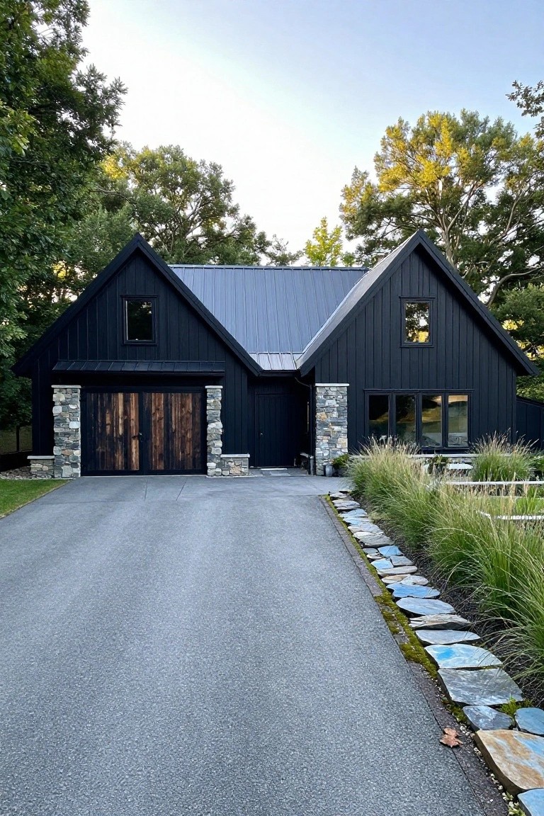 Black gabled house exterior with dark metal roof, attached garage featuring double wood doors and stone pillars, concrete driveway, and tall ornamental grasses edged with flat stones along one side.
