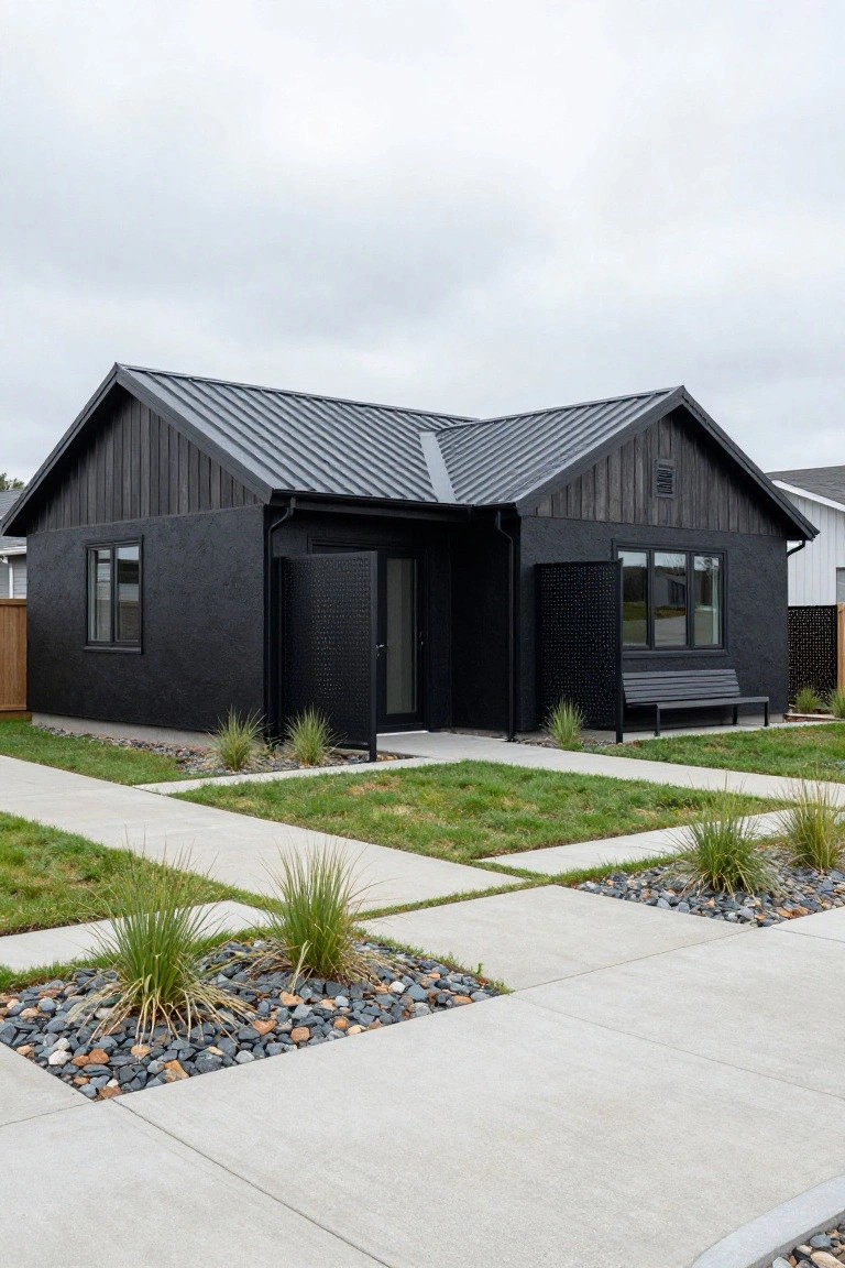 Small modern black house with dark metal gable roof, black wood siding, screened entry door and windows, bench, concrete path, ornamental grasses, rocks, and lawn in front yard under overcast sky.