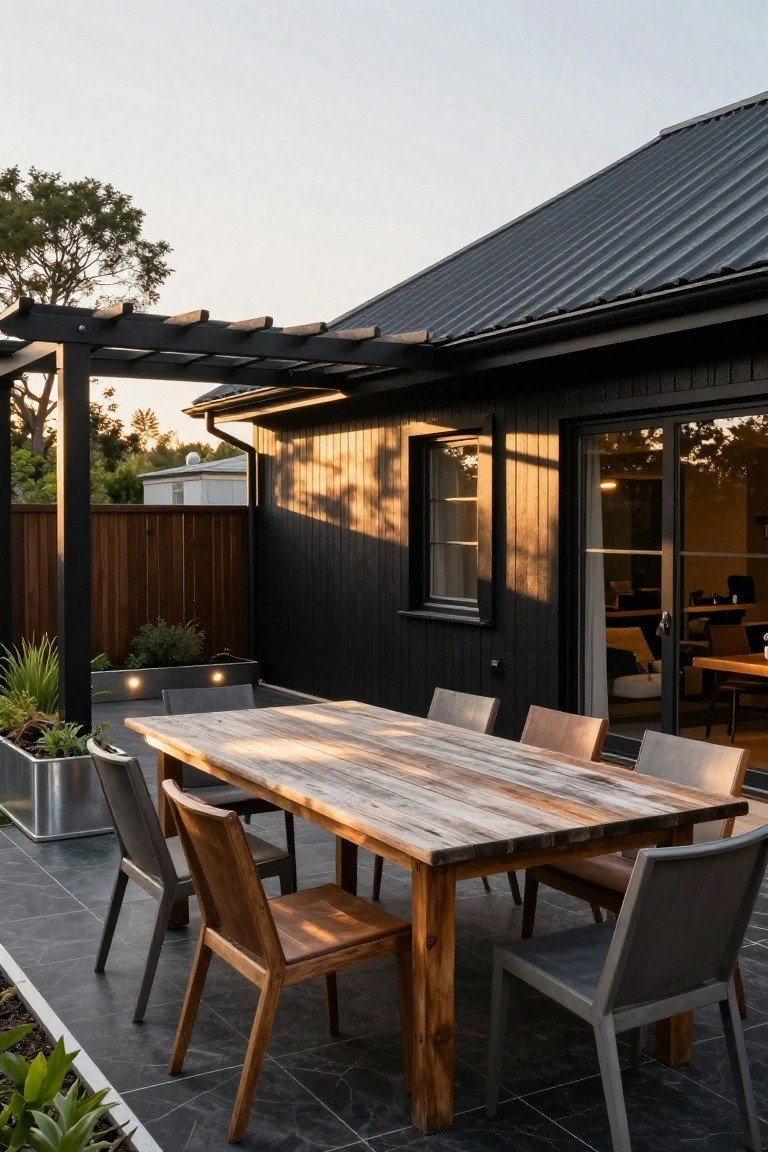 Black house exterior with dark metal roof and sliding glass doors opening to a pergola-covered patio featuring a rustic wooden dining table surrounded by mixed wood and grey chairs on black tiled flooring, with plants and fencing nearby.