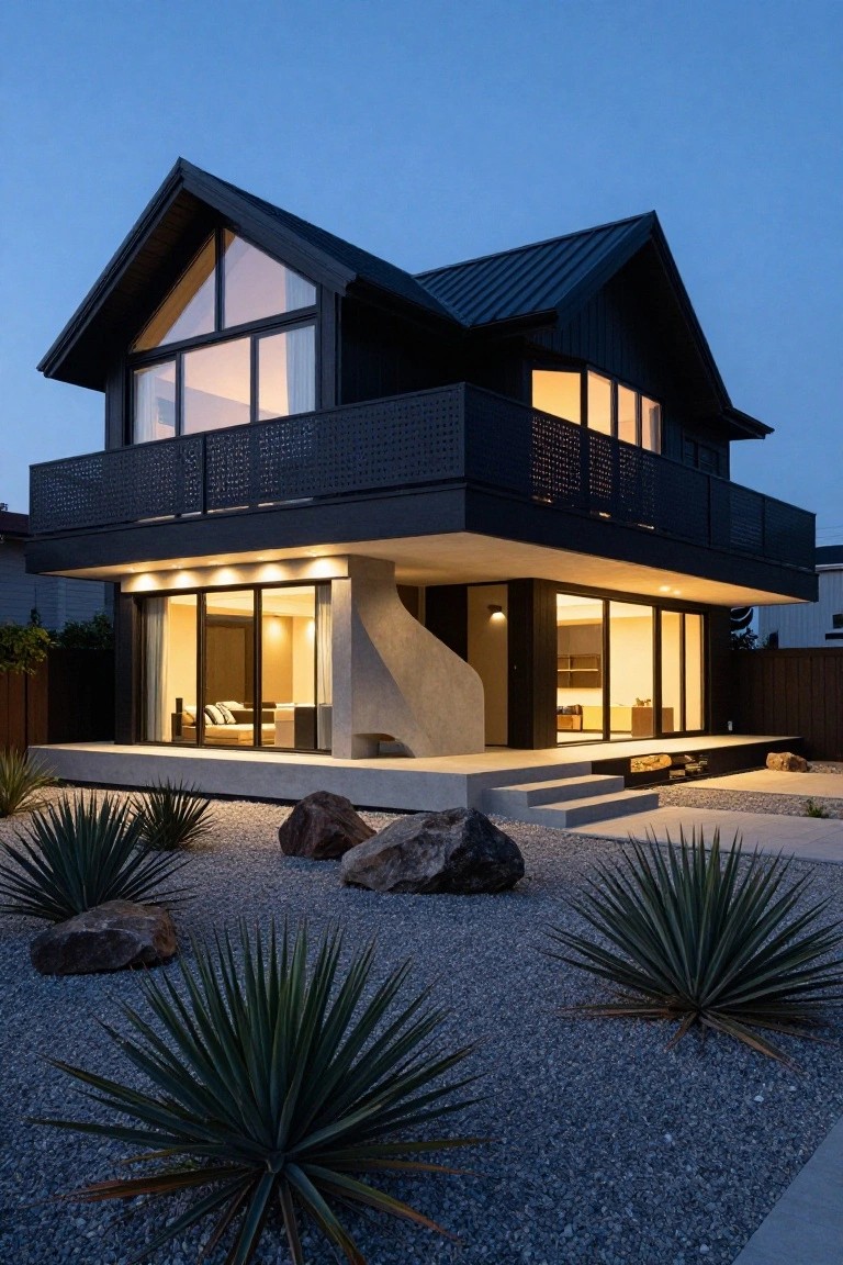 Modern two-story black house exterior at dusk with dark metal gable roof, cantilevered upper level with balcony and large windows, ground-floor glass walls, sculptural concrete staircase, and gravel yard with agave plants and boulders.