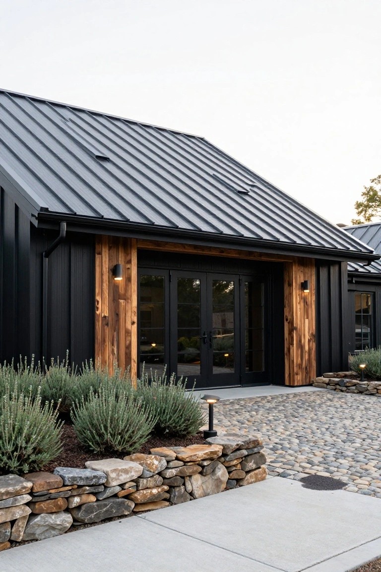 Black vertical board-and-batten siding house with gray metal roof, wood accents framing black double doors at entry, flanked by black wall lights, lavender plants in stone-edged bed, pebble path, and concrete walkway.
