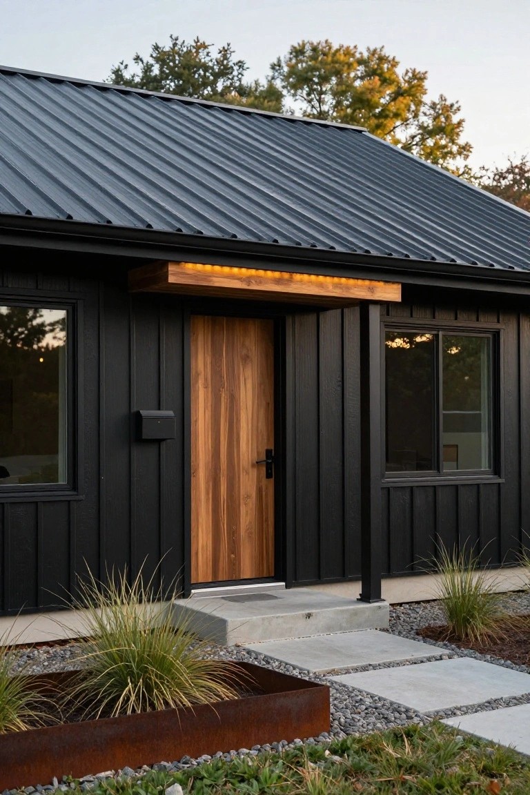 Black board-and-batten sided house with dark gray standing seam metal roof, wooden front door under lit wooden overhang canopy, black-framed windows, mailbox, concrete entry steps, gravel mulch bed with grasses in rusted metal planters, and stone pavers leading to the door.