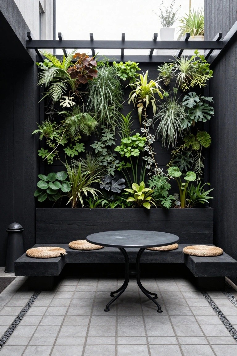 Outdoor courtyard under black wooden pergola with a tall vertical wall covered in diverse green plants including ferns, palms, and succulents against black panels, low black benches with woven cushions around a round black metal table on gray tiled floor with pebble borders.