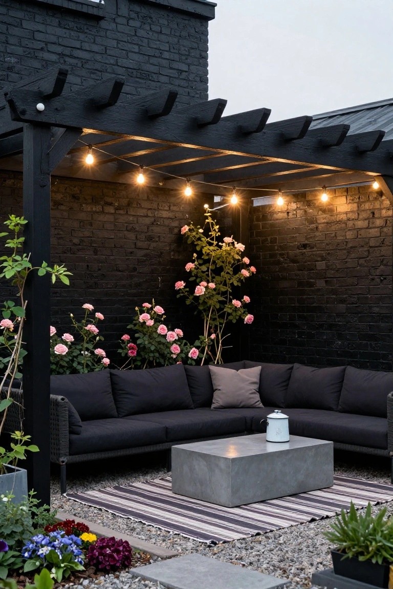 Black wooden pergola with string lights over an L-shaped black wicker sofa with gray cushions and pillows around a square concrete coffee table on a striped rug, set against a black brick wall with pink climbing roses and potted plants on gravel patio ground.