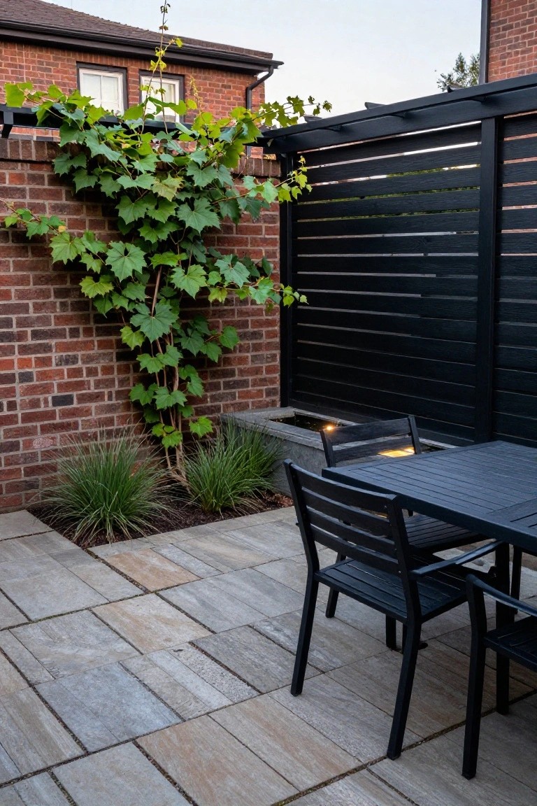 Backyard patio featuring a black slatted pergola screen against a brick wall covered in green vines, ornamental grasses in beds, a small lit water feature, and black metal outdoor dining table with chairs on light gray stone pavers.