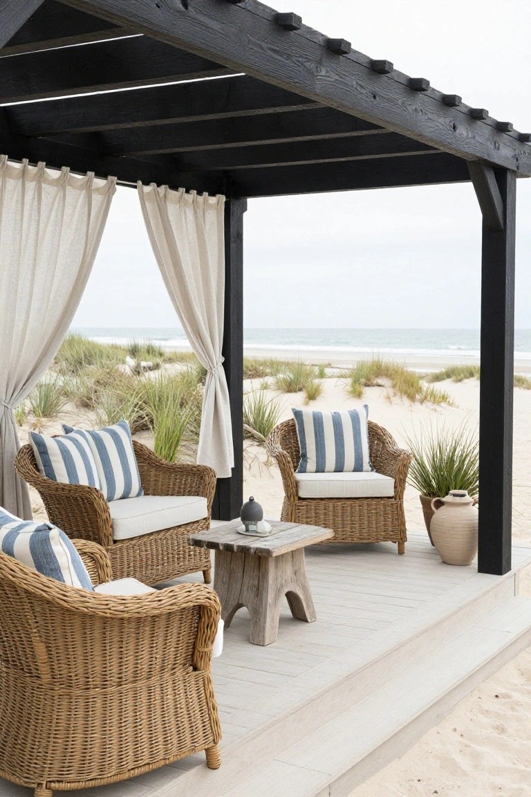 Black wooden pergola with draped white curtains over a light wood deck featuring four wicker chairs with blue and white striped cushions arranged around a low driftwood table, potted plants nearby, overlooking sandy beach dunes and ocean.