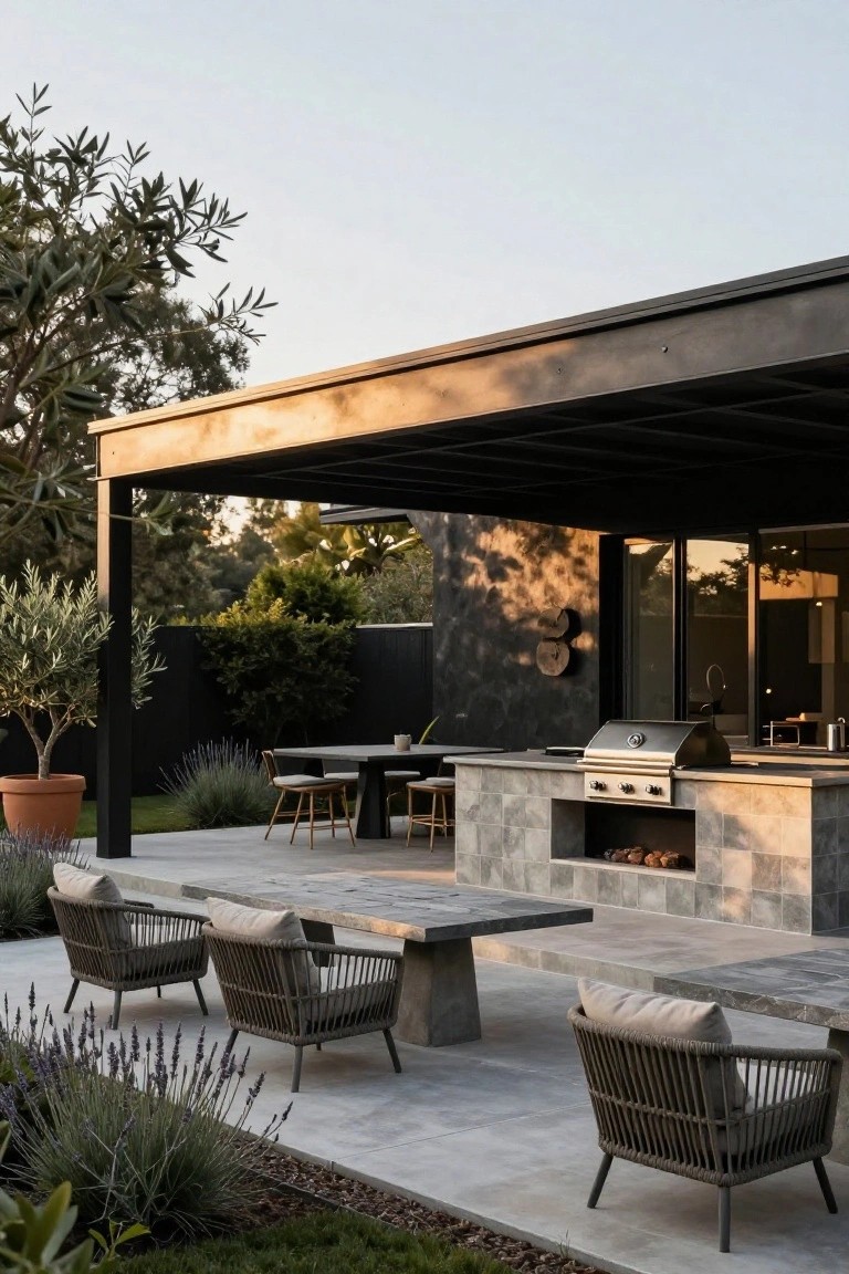 Outdoor living space under black metal pergola with stone kitchen island featuring grill burners and fireplace, concrete pedestal table with four rattan chairs, potted olive tree and lavender plants beside dark house wall with glass doors.