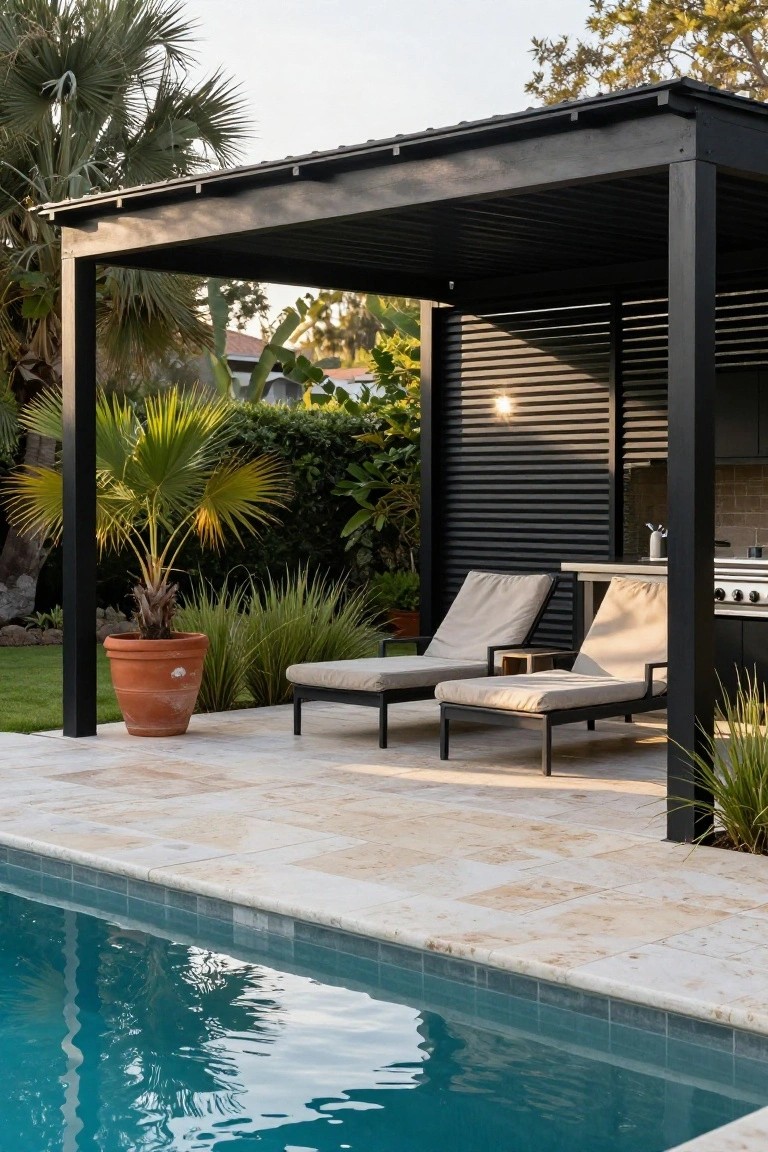 Black metal pergola shading two beige lounge chairs on light travertine patio tiles next to an in-ground pool, with built-in barbecue kitchen, potted palm tree, and tropical plants.