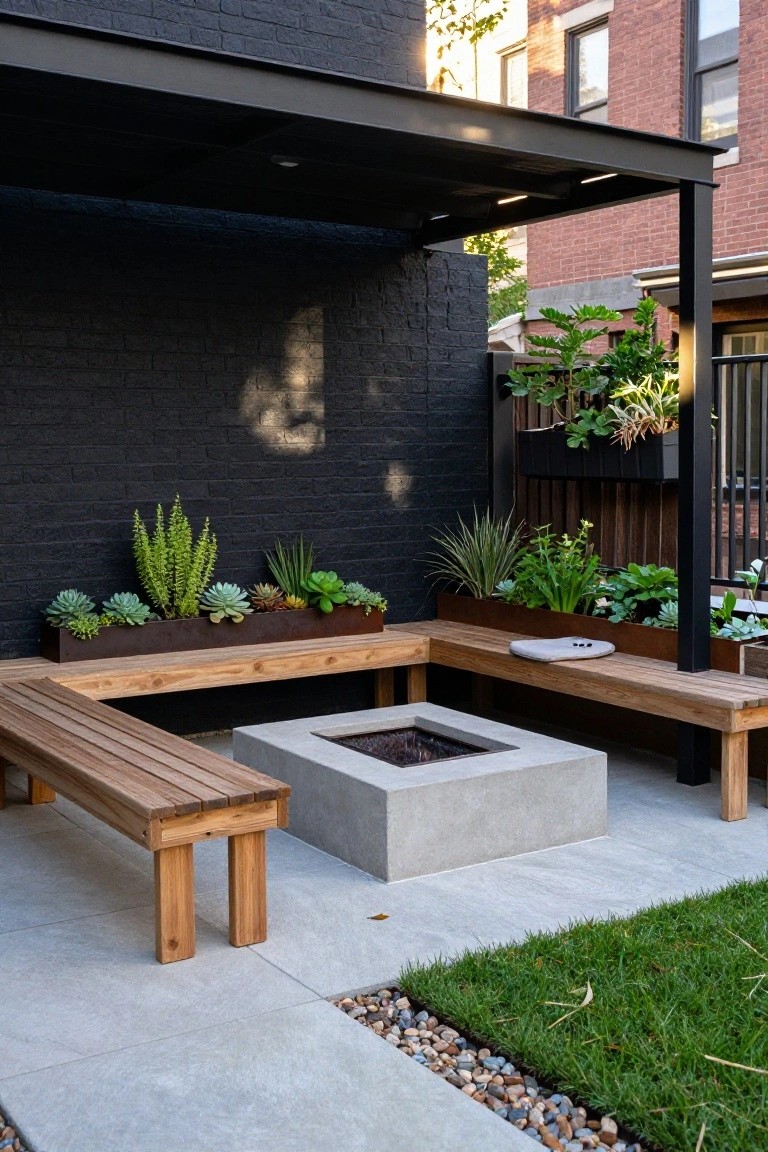 L-shaped wooden benches surround a square concrete fire pit on a concrete paver patio next to a black brick wall with metal planters of succulents, under a black metal pergola structure, with grass and gravel edging nearby.