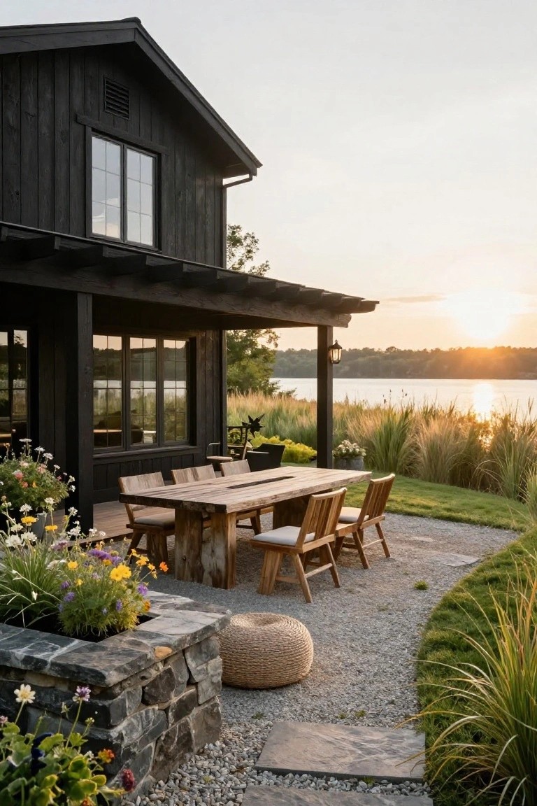 Black wood-clad house with pergola covering a gravel patio that includes a long wooden dining table, cushioned chairs, woven pouf, stone planter with flowers, and path leading to lakeside reeds at sunset.
