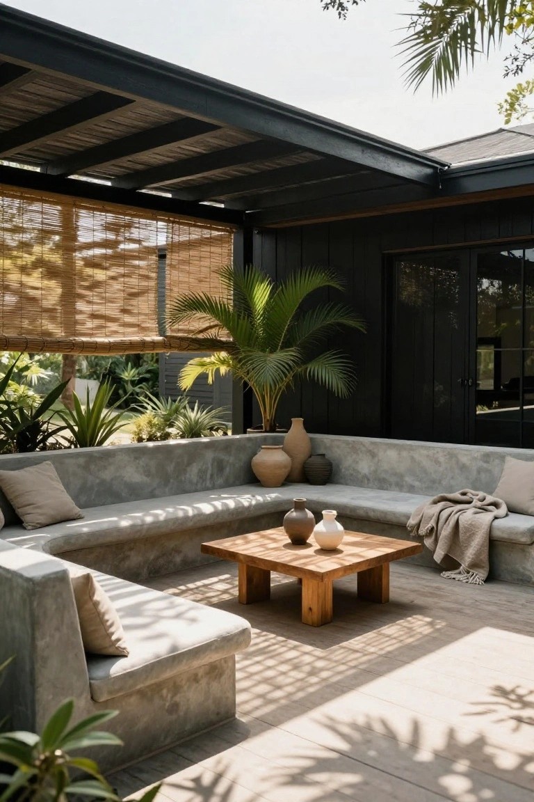 Shaded outdoor patio with L-shaped gray concrete benches, low wooden coffee table, beige cushions, pottery vases, and throw blanket under black wood pergola next to dark vertical board house wall and tropical plants.