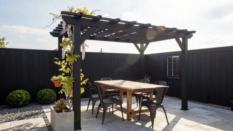 Black wood pergola draped with wisteria vines over a wooden dining table and black metal chairs on a patio next to a black clapboard house, with potted plants and landscaped beds.