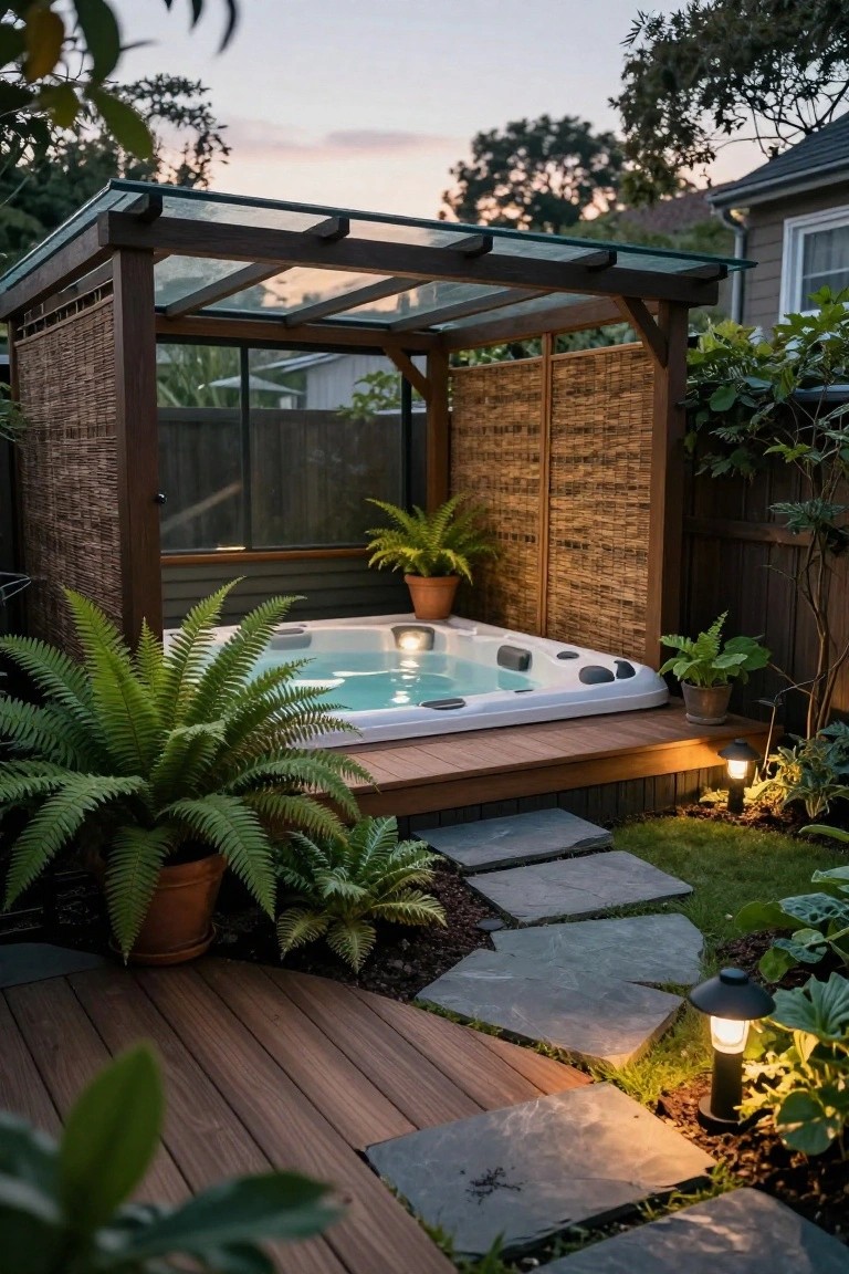 Wooden pergola with glass roof enclosing a glowing hot tub on a deck, surrounded by potted ferns, bamboo screens, and a stone path in a backyard garden at dusk.