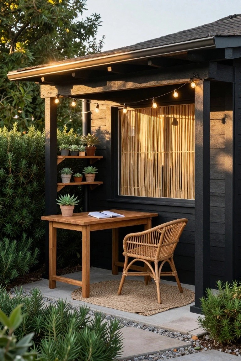 Black wooden pergola sheltering a wooden desk with open book and potted plant, rattan chair, plant shelves with succulents, string lights, bamboo shades in window, surrounded by greenery and gravel patio.