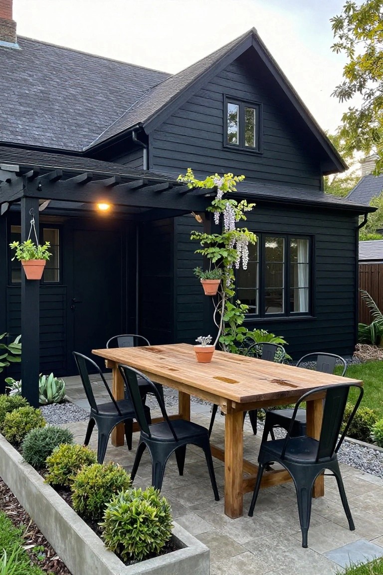 Black wood pergola draped with wisteria vines over a wooden dining table and black metal chairs on a patio next to a black clapboard house, with potted plants and landscaped beds.