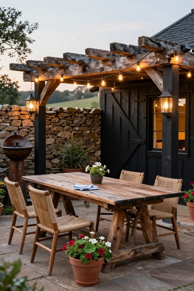 Wooden pergola with string lights over a rustic farm table and rattan chairs on a stone patio, next to a black barn door, stone wall, and potted plants.