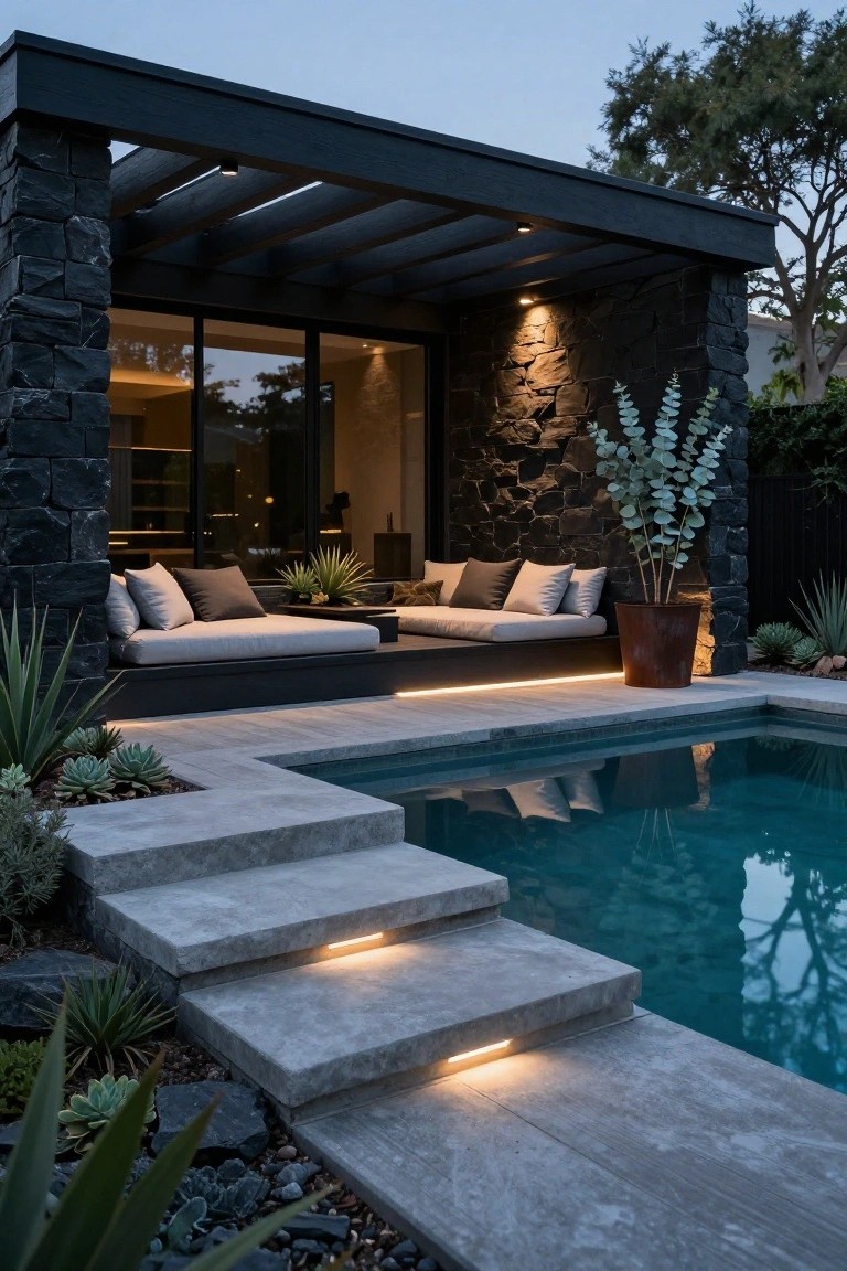 Black stone house exterior with timber pergola covering low gray outdoor seating platform with cushions and plants, concrete steps lit by LED strips descending to turquoise pool, surrounded by agave and eucalyptus.