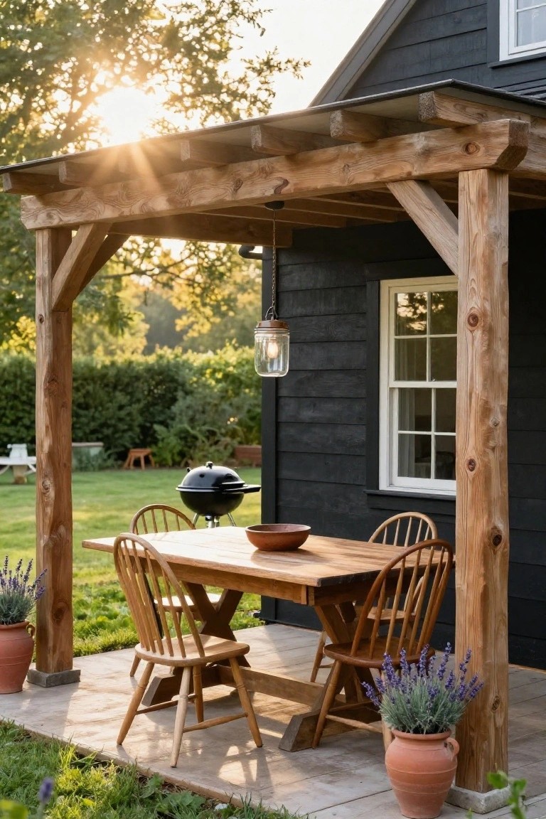 Black shingle house exterior with attached open wooden pergola shading a rectangular wooden dining table and four chairs on a concrete patio, next to a black kettle grill, potted lavender plants, and grassy yard.