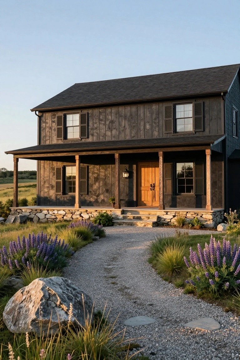 A two-story black wood-sided barn-style house with a covered front porch, wooden entry door, stone retaining walls, gravel pathway lined with lavender plants and ornamental grasses, set against a rural field.
