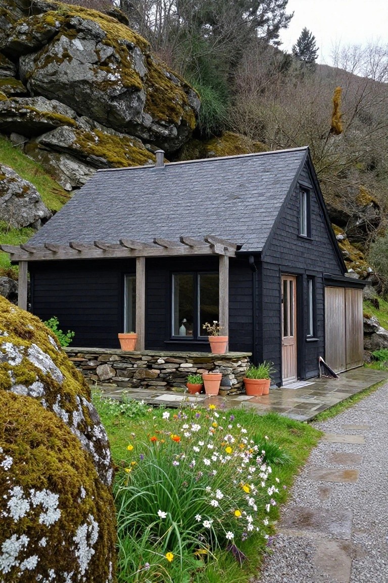 Small black shingled cabin with gray slate roof and wooden pergola porch beside large moss-covered rocks, wildflowers, and potted plants on a stone path in a misty valley.