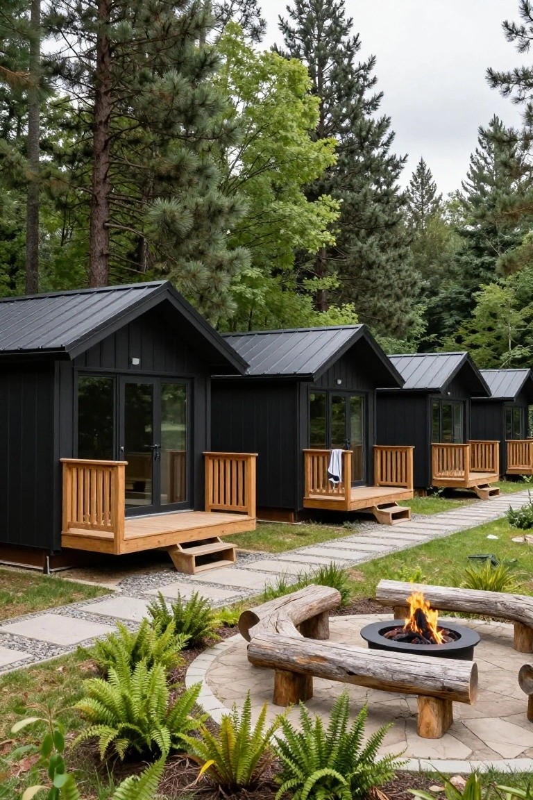 Four black gabled cabins with metal roofs and large glass doors on wooden decks, arranged in a row along stone paths with a central fire pit ringed by log benches, surrounded by pine trees, ferns, and gravel landscaping.