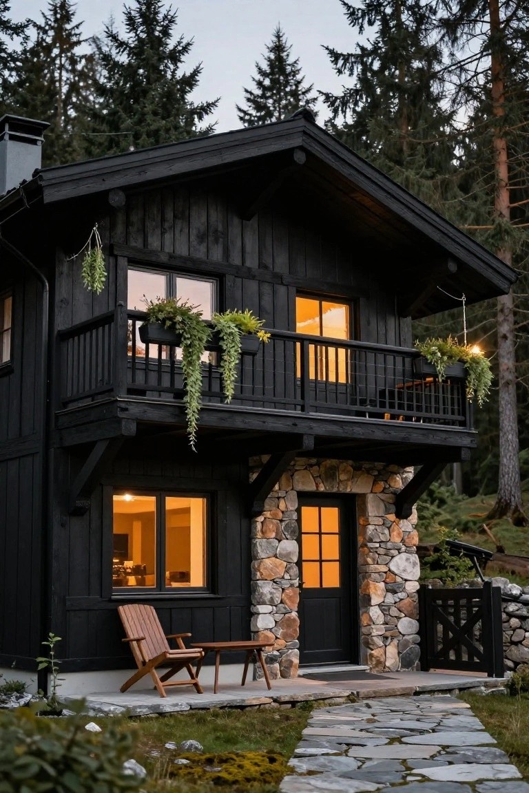 A two-story black wooden cabin with steep gabled roof, upper balcony with hanging plants, lower stone foundation and entry door, wooden chair and table on patio, stone path, surrounded by tall pine trees at dusk.