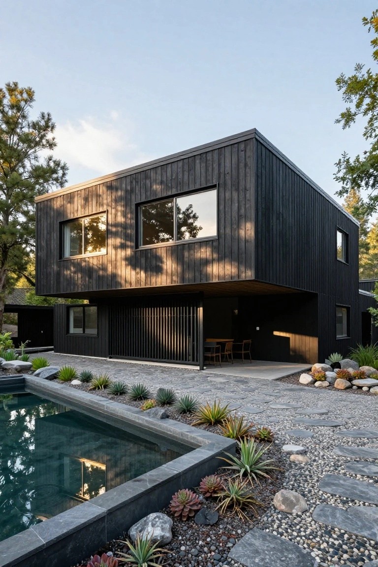 Black timber-clad modern house with cantilevered upper volume over a pool area, large windows, surrounded by pine trees and edged with agave plants and stone path.