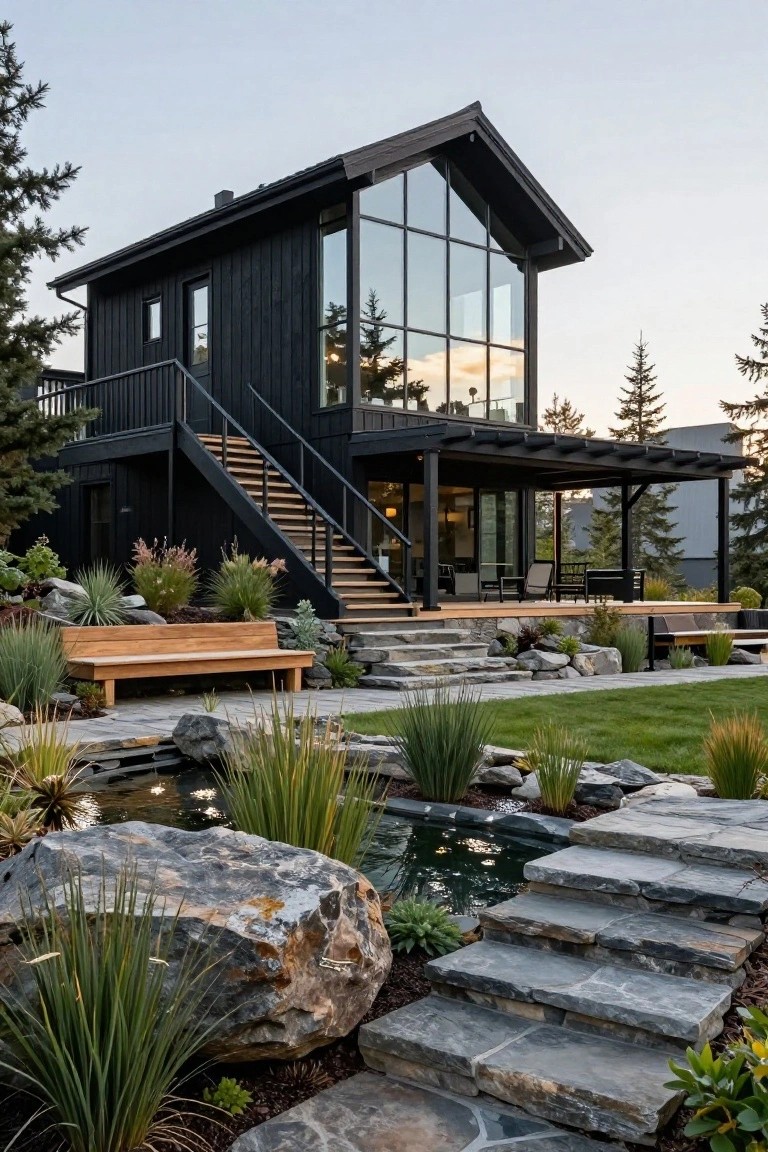 A two-story black wooden house with a large glass gable window, elevated deck, metal stairs, and surrounding landscaping including stone steps, boulders, grasses, and a small pond on a wooded slope.