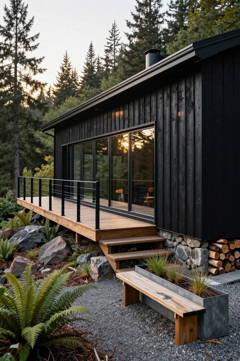 Black vertical wood-clad cabin with large sliding glass doors on a wooden deck with cable railings, built into a rocky hillside surrounded by ferns, grasses, stacked firewood, and tall pine trees at sunset.