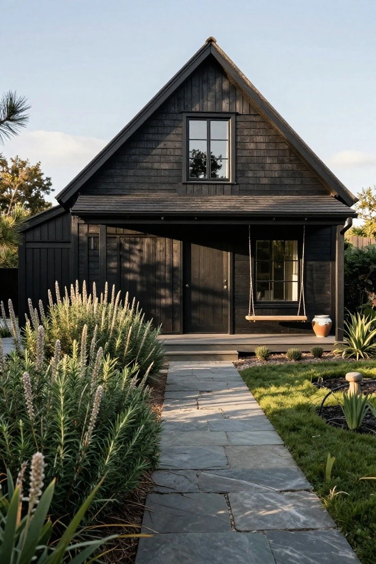 Black wooden house with steeply pitched gabled roof, covered porch featuring double doors and hanging swing, stone pathway edged by tall grasses and agave plants, trees in background.
