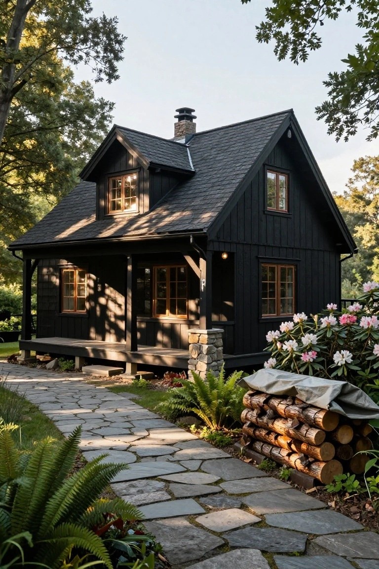 Small black board-and-batten gabled cabin with front porch, stone pillars, chimney, wood windows, surrounded by trees, ferns, pink rhododendrons, stone path, and tarp-covered firewood stack.
