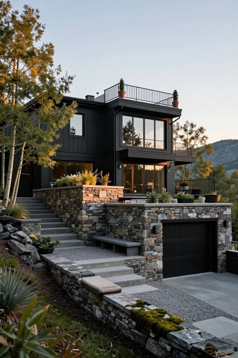 A modern two-story house with black siding on a hillside, featuring stone retaining walls, concrete stairs to the entrance, a garage below, potted plants, aspen trees, agave plants, and mountains in the background at dusk.