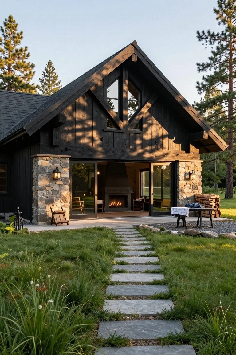 Black wood cabin with gabled roof, exposed timbers, and stone pillars flanking open sliding glass doors to a patio fireplace, stone path leading through grassy yard with ornamental grasses and plants, surrounded by pine trees at dusk.