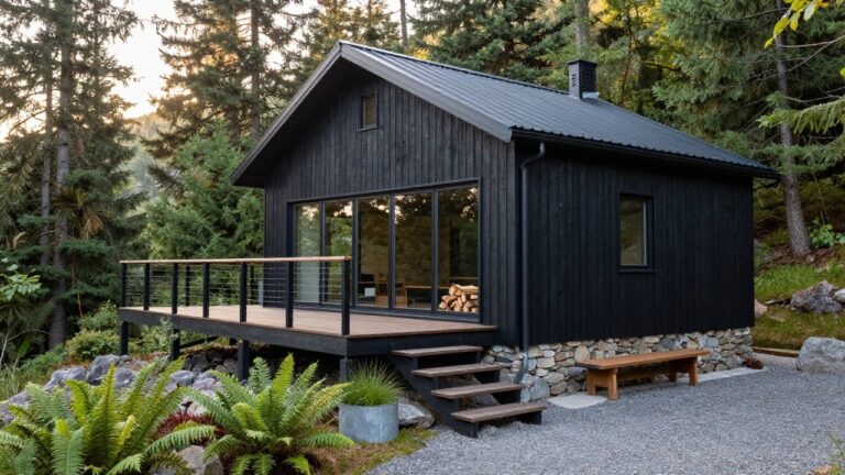 Black vertical wood-clad cabin with large sliding glass doors on a wooden deck with cable railings, built into a rocky hillside surrounded by ferns, grasses, stacked firewood, and tall pine trees at sunset.