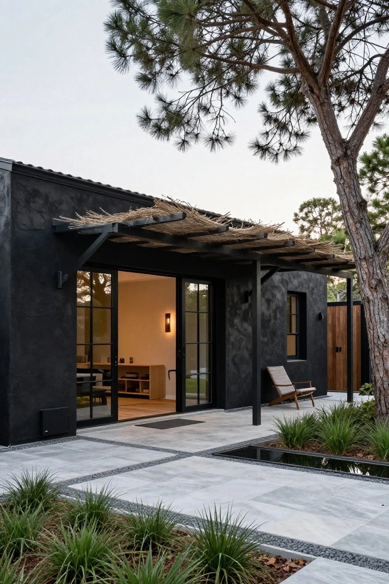 Black stucco house exterior with sliding glass doors open to interior, thatched pergola on black metal frame providing shade over a patio with lounge chair, surrounded by pine trees, potted plants, and a stone pathway with water feature.