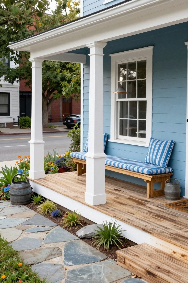 Light blue clapboard house exterior with white porch columns and trim, wooden deck with a bench topped by blue and white striped cushions, flanked by potted plants and a stone path.