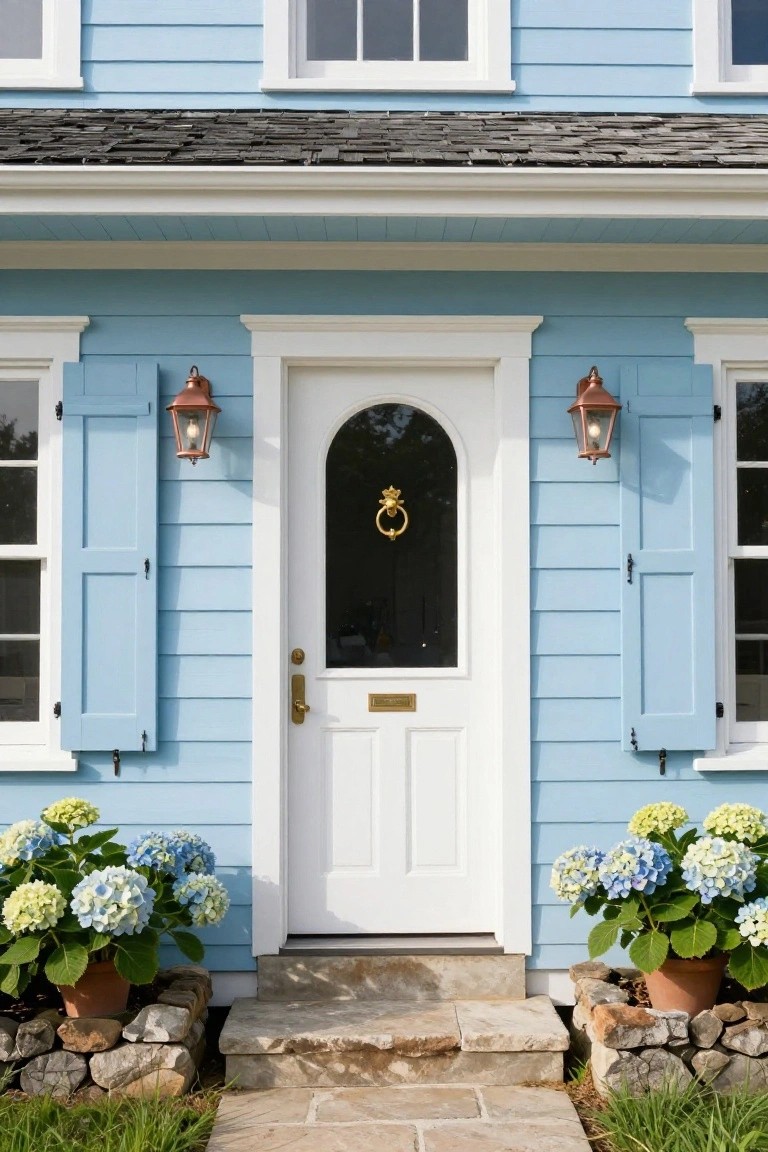 Light blue clapboard house exterior featuring a white arched paneled front door with brass knocker, flanked by open blue shutters, copper lanterns, and large terracotta pots of blue and white hydrangeas on stone bases next to front steps.