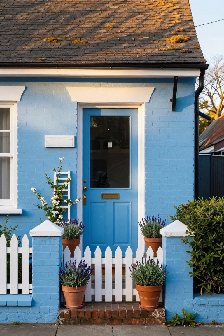 Blue Brick House with White Picket Fence