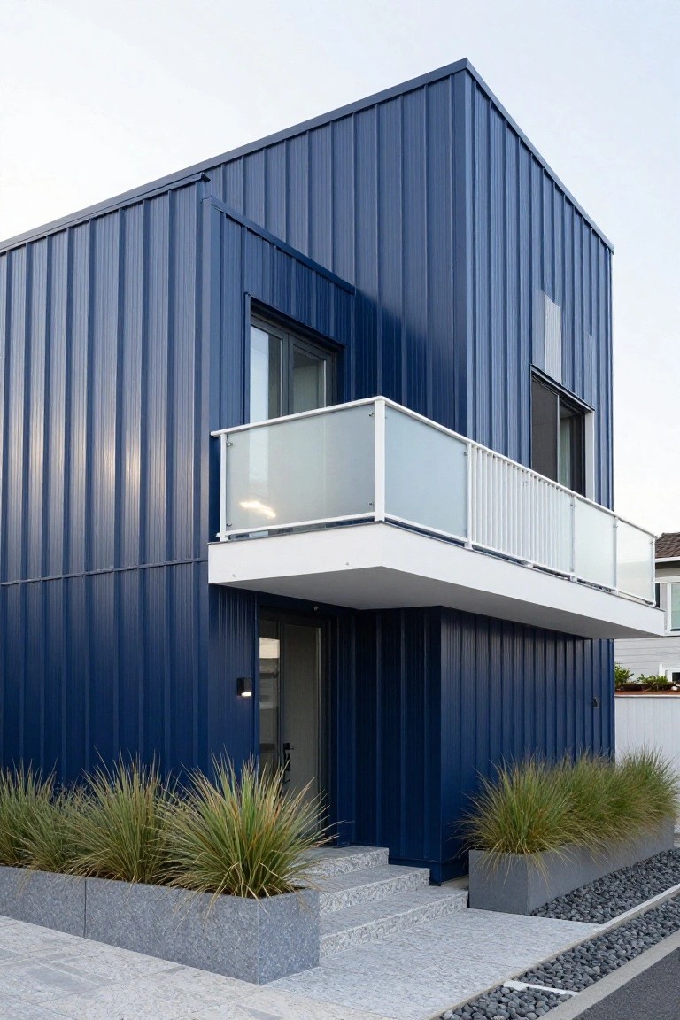 Corner view of a two-story modern house clad in navy blue corrugated metal siding with a protruding white balcony, frosted glass railing, entry door, steps, potted grasses, and gravel path in front.