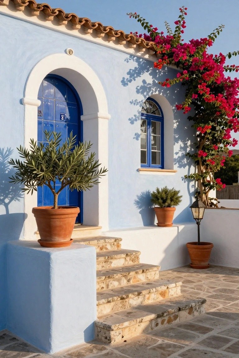 Light blue stucco house exterior with white-trimmed arched blue front door, blue side window, potted olive trees, bougainvillea vines, and stone steps on a tiled patio.