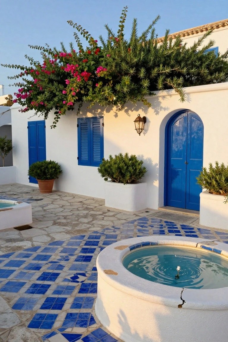 White stucco house with blue arched front door, blue shutters on windows, cascading pink bougainvillea over the wall, potted rosemary plants, lantern light, and blue-tiled patio with circular stone fountain.