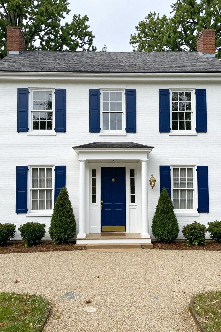 Two-story white clapboard house with navy blue shutters on double-hung windows, navy blue front door under white columned portico, flanked by boxwood shrubs, gravel driveway and lawn edging in front.