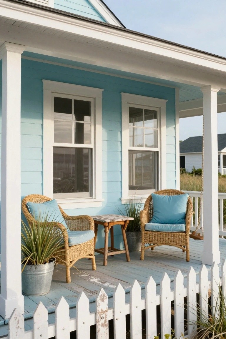 Light blue lap siding house with white trim, porch columns, two wicker armchairs with light blue cushions, small table between them, potted grasses in galvanized buckets, and white picket fence along blue wood deck.