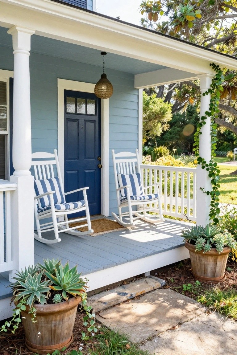 Light blue clapboard house exterior featuring white porch columns and trim, a navy blue front door with four glass panels, two white rocking chairs with blue-and-white striped cushions and pillows on a gray wood porch deck, potted succulents in terracotta planters near steps, ivy climbing columns, and garden landscaping in the background on a sunny day.